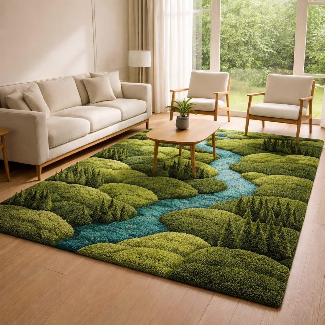 Hand Tufted Moss Green Landscape Rug, 3D Forest River Rug, Nature ...
