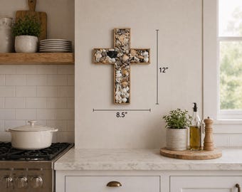 Seashell Cross Wall Art, Coastal Faith Decor, Handmade Beach House Christian Art
