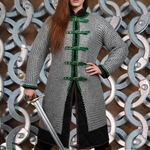 Dark Gray Aluminum Chainmail Hauberk: 9mm Flat Ring, Full Sleeve front open - Halloween costume