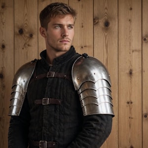 May include: A person wearing medieval-style armor, featuring layered metal shoulder pauldrons and a quilted black undergarment. The armor is secured with brown leather straps and buckles. The background is a wooden wall.