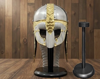 Viking Gjermundbu Helmet : Medieval Knight Helmet With wooden Stand