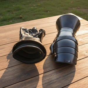 May include: Two pieces of black armor gauntlets are displayed on a wooden surface. The gauntlets are made of metal and leather, with articulated fingers and a flared cuff. The armor is designed to protect the hands and wrists.