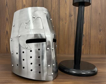 Crusader Helmet with free wooden stand – Knights Templar Practice Armor for Reenactment & Cosplay