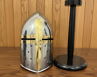 Knight Sugerloaf Helmet  with free wooden stand , Crusader Helmet