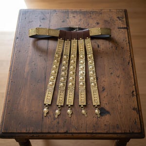 May include: A Roman-style belt with a brown leather base and ornate gold-colored metal detailing. The belt features a series of rectangular plates with embossed designs and dangling pendants. The belt is displayed on a wooden surface.