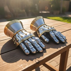 Könnte beinhalten: Ein Paar mittelalterlich anmutende Panzerhandschuhe aus poliertem Metall mit Messingakzenten. Die Handschuhe sind beweglich, mit einzelnen Fingerplatten und einer ausgestellten Manschette. Sie liegen auf einer Holzoberfläche.