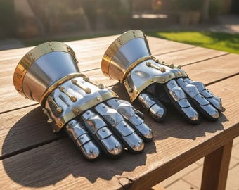 Medieval Hourglass Gauntlets 16 Gauge Steel with Brass Accents & Leather Gloves | SCA LARP Armor