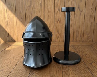 Black Barbute Helmet |  Barbuta Reenactment Helmet |  With Stand For Cosplay And Costumes