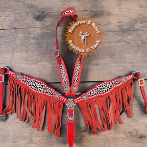Rotes Lederpferd Tack-Set | Cheetah Print Headstall Vorzeuge mit Kupfer Schnallen