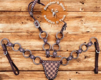 Brown Checkered Ring Leather Horse Tack Set | Western Rodeo Headstall Breast Collar
