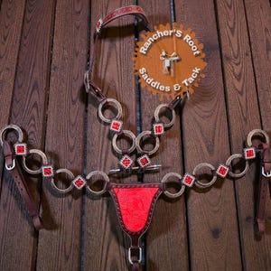 Roter Ring Leder Pferd Tack Set | Western Rodeo Headstall-Brustband