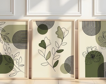 Floral Feminine Boho Art Print 3 Piece Set, Olive Green Boho Decor (Digital Download)
