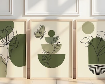 Floral Feminine Boho Art Print 3 Piece Set, Olive Green Boho Decor (Digital Download)