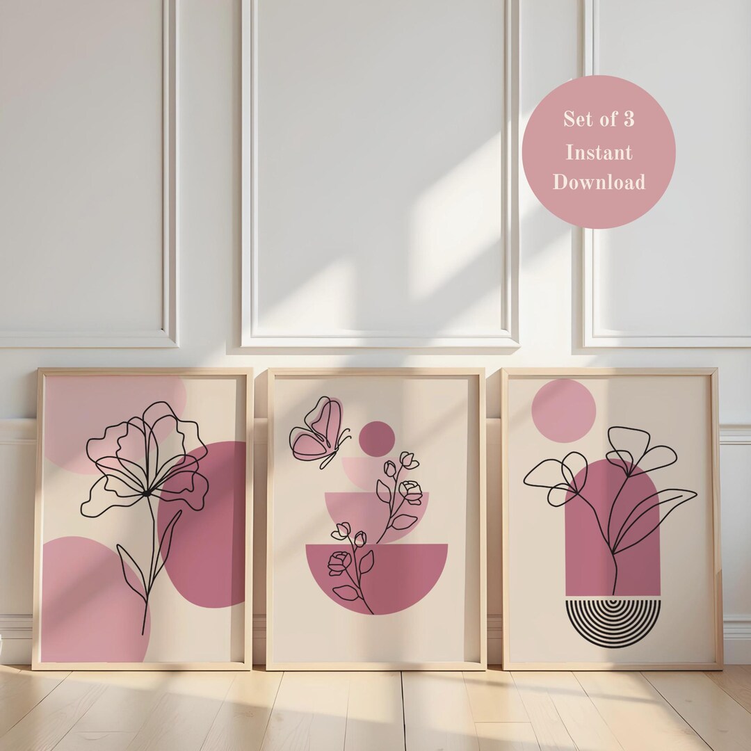 Pink Floral Line Art Prints, Set of 3, Minimalist Botanical Wall Decor ...