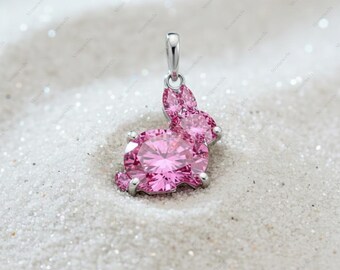 Lab Grown Diamond Pendant Necklace, Pink Rabbit Shape Fancy Cut, Unique Bunny Animal Diamond Personalised Mothers Day