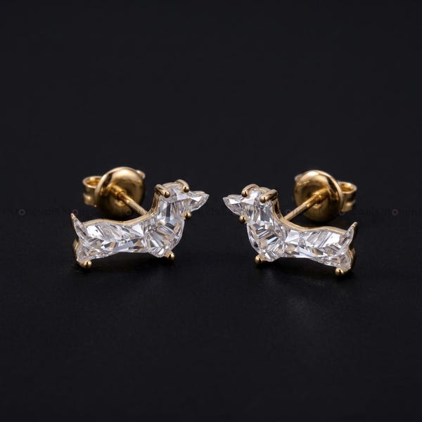 Dachshund Diamond Stud Earrings, 14K Gold Lab Grown Diamond, IGI Certificate Available