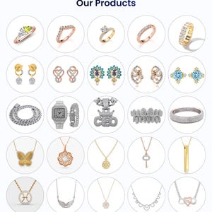 May include: A selection of jewellery items, including rings, earrings, necklaces, bracelets, and a watch, presented in circular frames. The jewellery features various designs, colours, and materials, such as gold, silver, and gemstones. The text "Our Products" is at the top.