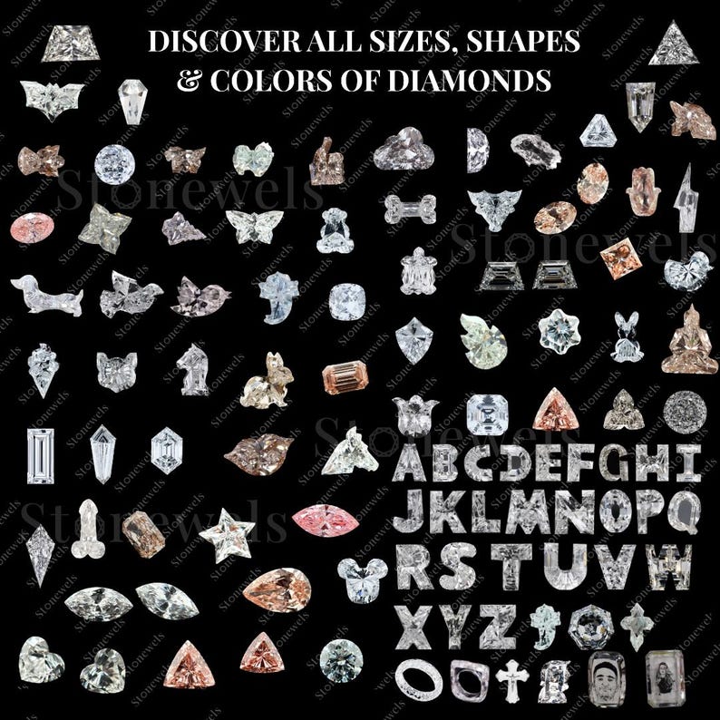 May include: An assortment of diamonds in diverse forms and hues, including the alphabet, set against a black backdrop. The text "DISCOVER ALL SIZES, SHAPES & COLORS OF DIAMONDS" is displayed at the top.