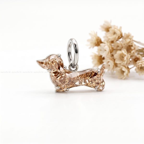 Cognac Dachshund Diamond Pendant, Wiener Dog Necklace, Brown Lab Grown Diamond Doxie Charm, Luxury Sausage Dog 14K Gold Jewelry Gift