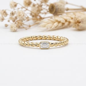 Emerald Cut Diamond Cable Ring | Minimal Solitaire Stackable Ring | Lab Grown Diamond 14k Gold Ring | Dainty Engagement Ring Gift for Her