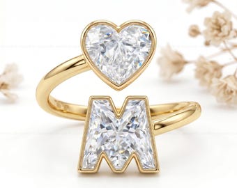 Heart Initial Diamond Ring, Personalized Letter Ring, Lab Grown Diamond Ring, Custom 14K Gold Alphabet Ring, Minimalist Open Ring for Women