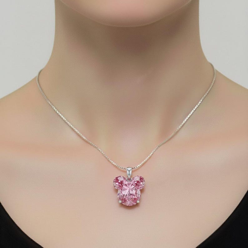 Lab Grown Diamond Pendant Necklace, Pink Mickey Mouse Shape Fancy Cut, Collector Jewelry for Kids Personalised Mothers Day image 2