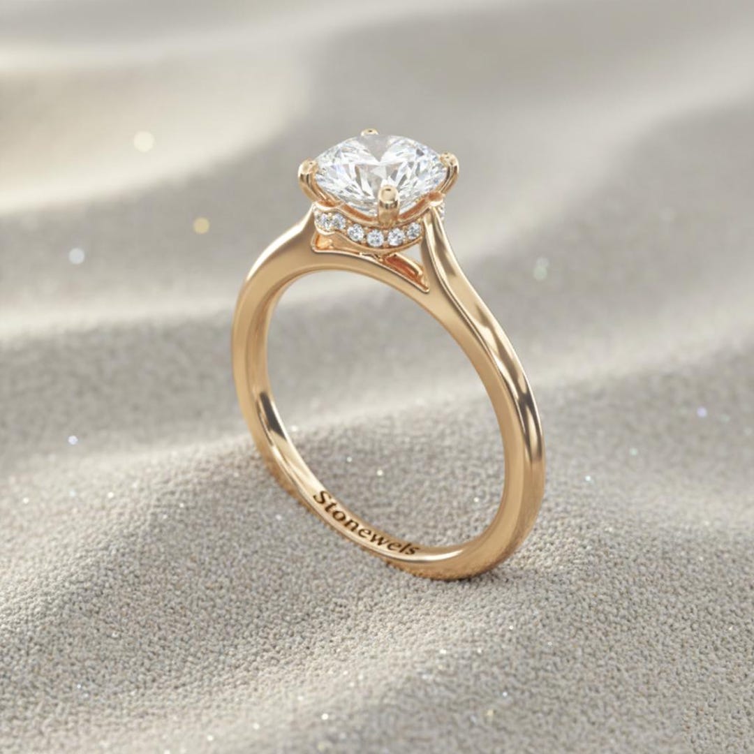 Pavé Cathedral Solitaire Engagement Ring in Solid Gold | IGI Certified ...
