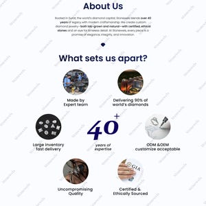 May include: White graphic with text about Stonewels jewelry. The text includes "About Us", "What sets us apart?", and details about diamond jewelry, expert craftsmanship, and ethical sourcing. The graphic also includes the number 40.