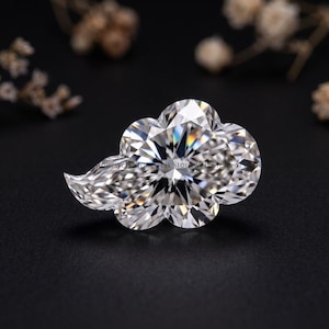 May include: A clear, faceted gemstone cut into a cloud-like shape with multiple rounded lobes and a pointed tail. The stone features a brilliant, multi-faceted surface that reflects light, creating a sparkling effect with visible internal refractions.