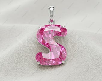 Lab Grown Diamond Pendant Necklace, Pink Initial Letter Fancy Cut, Personalized Alphabet Shape Jewelry Personalised Mothers Day