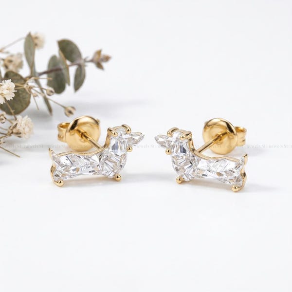 Dachshund Diamond Stud Earrings, 14K Gold Lab Grown Diamond, IGI Certificate Available