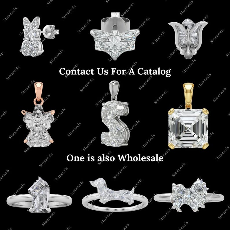 May include: A selection of diamond jewellery, including earrings, pendants, and rings. The image showcases various designs, such as a bunny, a butterfly, a star, and a dog. Text on the image reads "Contact Us For A Catalog" and "One is also Wholesale."