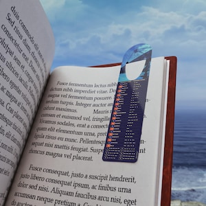 May include: A dark blue bookmark featuring a NATO phonetic alphabet chart with corresponding Morse code symbols. The top of the bookmark has a cutout hole and a printed image of a blue sky and clouds. It is placed inside an open book with text.