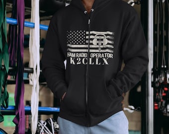 Sudadera con capucha y cremallera con indicativo de radioaficionado personalizado: regalo para operador