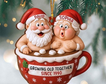 Growing Old Together Santa Claus In Hot Chocolate Cup, Personalized Couple Acrylic Ornament