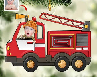 Kid Riding Fire Truck - Personalized  Photo Acrylic Ornament, Holiday Tree Decoration, Keepsake Gift