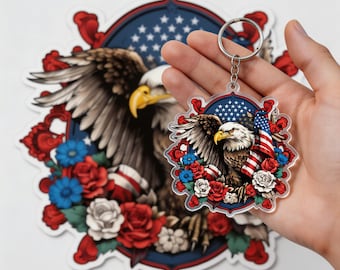 Llavero de águila, patriótico, estadounidense, tatuaje tradicional, regalo para veteranos, llavero con foto, adorno magnético