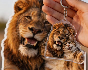 Llavero con foto de león y gato, realista, regalo para amantes de las mascotas. Imán.