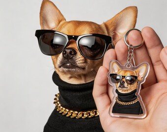 Custom Pet Photo Chihuahua Cool Fashion Birthday Gift Photo Keychain Ornament Magnet