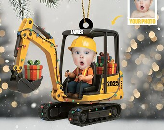 Custom Kid Face Cartoon Excavator - Acrylic Ornament, Holiday Tree Decoration, Keepsake Gift