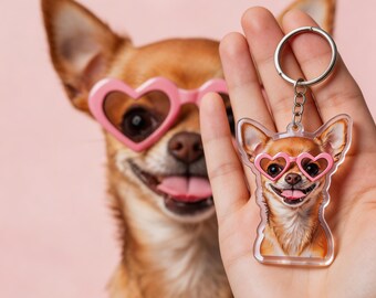 Custom Photo Chihuahua Pet Cute Heart Sunglasses Perfect Gift Photo Keychain Ornament Magnet