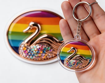 Llavero plano 2D Orgullo Arcoíris Cisne Oro Rosa Regalo de Cumpleaños Llavero Foto Adorno Imán