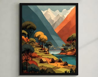 May include: A framed art print depicting a stylized landscape. The artwork features a vibrant scene with teal mountains, orange and green hills, a blue river, and small cabins. Trees with yellow and green foliage dot the landscape, creating a colorful and inviting scene.