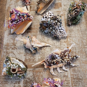 May include: A collection of seashells decorated with beads and jewels. The shells are in various shapes and sizes, and the beads are in a variety of colors, including purple, pink, green, and gold.