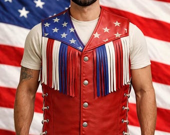 Men's Genuine Leather Patriotic American Flag Fringe Vest, Biker Western Handmade Motorcycle Apparel