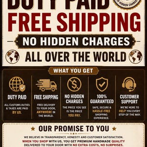 May include: A vintage-style informational graphic with a cream background and dark brown text. It features bold headings including DUTY PAID, FREE SHIPPING, and NO HIDDEN CHARGES, alongside icons representing global delivery, customer support, and quality assurance.