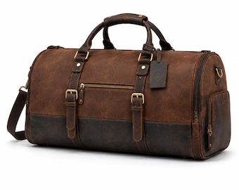 Bolsa de viaje personalizada de cuero de grano completo, bolsa de fin de semana, bolsa de gimnasio de mano, bolsa de fin de semana.