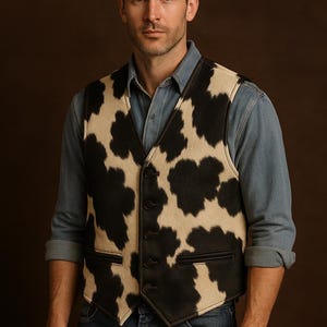 May include: A sleeveless vest featuring a black and cream cow-print pattern, a V-neckline, four dark brown buttons down the front, and two horizontal welt pockets at the waist. The garment is worn over a light blue button-down shirt and blue jeans.