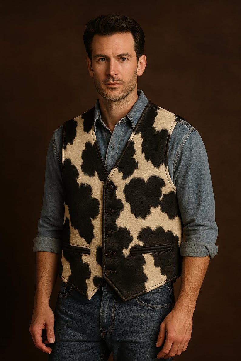 May include: A sleeveless vest featuring a black and cream cow-print pattern, a V-neckline, four dark brown buttons down the front, and two horizontal welt pockets at the waist. The garment is worn over a light blue button-down shirt and blue jeans.