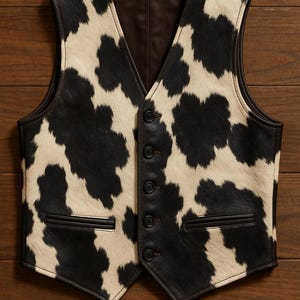 May include: A sleeveless vest featuring a black and white cow print pattern on the front. The garment has a V-neckline, five dark buttons down the center, and two horizontal welt pockets. The edges are trimmed with dark brown leather piping.